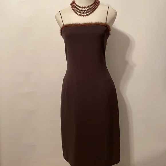 Tahari Striking Mink trimmed Spaghetti Strap Dress - Picture 2 of 13
